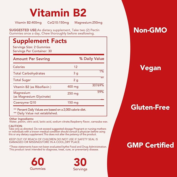 Vitamin B2 Gummies 400mg | Riboflavin 400mg with CoQ10 150mg, Magnesium 200mg, Zinc 10mg | B2 Vitamin 400mg for Kids & Adults, Nervous System & Skin Health | 60 Vegan Chewables