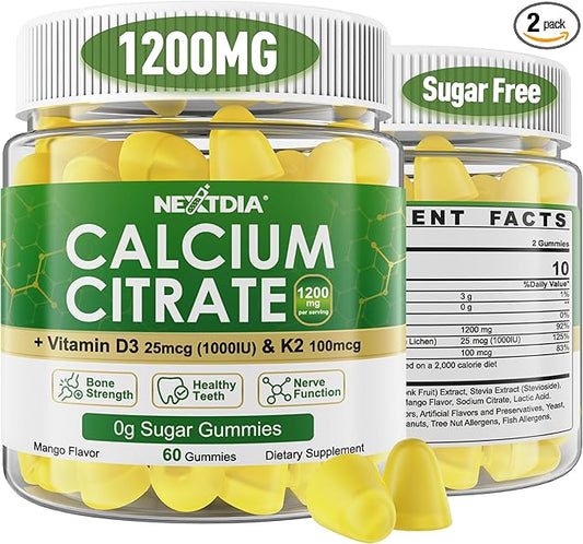 Calcium Citrate Gummies 1200mg with Vitamin D3 K2, Chewable Calcium Supplements for Women & Men, High Potency Support B0ne, Te*th, Strength & Immune Health, Mango Flavor, Non-GMO, Sugar Free, 120 Cts