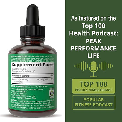 USDA Organic Vitamin A Liquid Drops Supplement. Vegan High Bioavailability for Eye, Skin, and Bone Health. for Adults, Men, Women, Kids. Organic VIT A Oil Retinyl Palmitate. Gluten Free, Zero Sugar