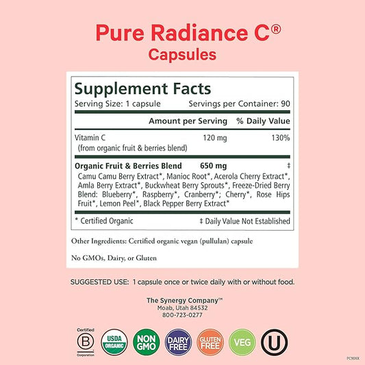 PURE SYNERGY Pure Radiance C – Organic Vitamin C Capsules | 100% Whole Food Supplement, Non-GMO, Camu Camu Extract with Natural Immune & Collagen Support – 90 Capsules