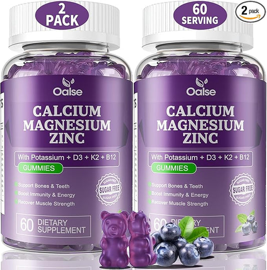 (2 Pack) OALSE Calcium Magnesium Zinc Gummies with Vitamin D3 & K2-High Absorption Magnesium Glycinate-Muscles, Immune & Sleep Support-Sugar Free- Blueberry Flavored-120 Counts