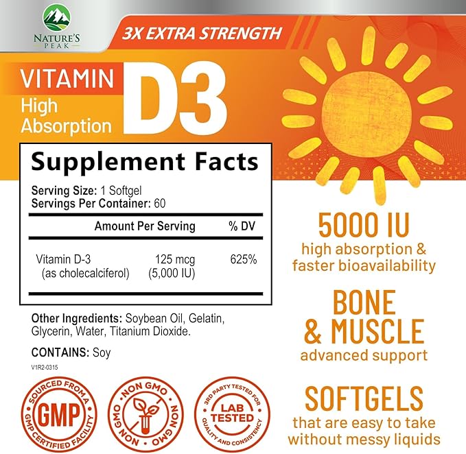 Vitamin D3 5000 IU Softgels (125 mcg) - Extra Strength Vitamins D-3 Dietary Supplement for Bone, Teeth, Muscle Health & Immune Support, Rapid Absorbtion Mini D Softgel, Non-GMO, Gluten Free - 60 Count