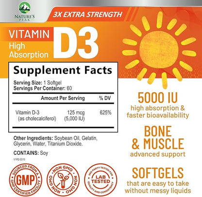 Vitamin D3 5000 IU Softgels (125 mcg) - Extra Strength Vitamins D-3 Dietary Supplement for Bone, Teeth, Muscle Health & Immune Support, Rapid Absorbtion Mini D Softgel, Non-GMO, Gluten Free - 60 Count
