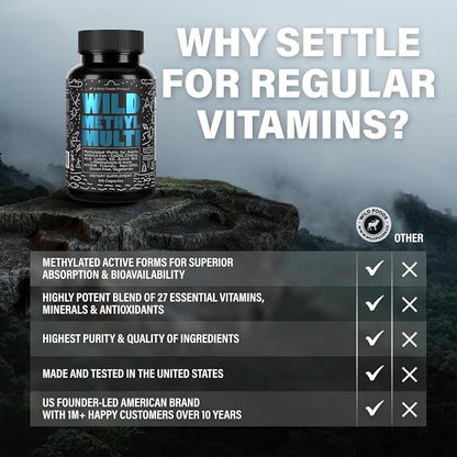 Wild Methylated Multivitamin for Women & Men | Daily Multi Vitamin | MTHFR Supplement Without Iron | Methylated B12, Folate, Vitamin C, A, K2, D, E, Choline, Biotin, ALA, CoQ10 & More (Pack of Two)