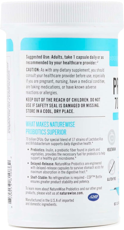 NatureWise Probiotics 70 Billion CFU - 17 Strains + Organic Prebiotics - Immune, Digestive & Gut Health Support for Women & Men - Vegetarian, Gluten-Free, Non-GMO - 60 Capsules[2-Month Supply]