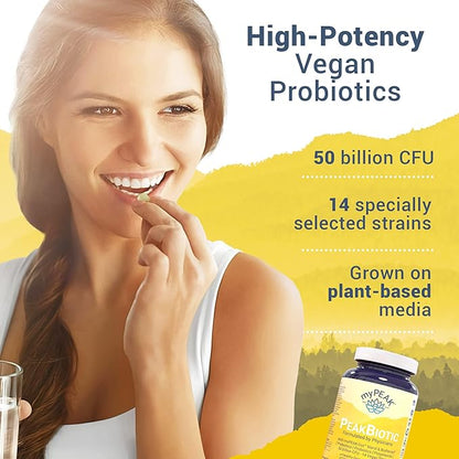 PeakBiotic: The Ultimate Vegan Synbiotic with 50 Billion CFU Probiotics Prebiotics Postbiotics Modbiotics and Gut Lining to Enhance Digestion, Skin, and Mood with 2-Month Supply, 60 Capsules