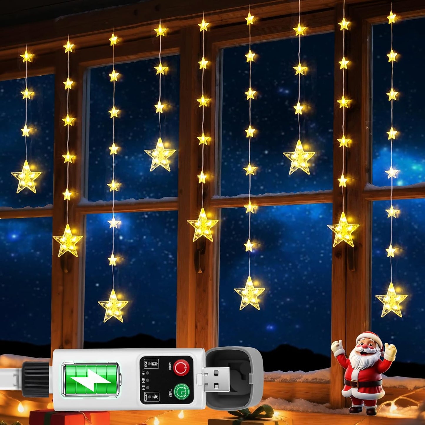 Rechargeable Stars Christmas Window Lights, IP65 Waterproof 90 LEDs 54 Stars Hanging Curtain Lights with 3 Timer Modes, Warm White Christmas Star Decoration for Indoor Outdoor Xmas Home Party Decor