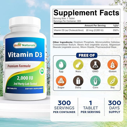 Best Naturals Vitamin D3 2000 IU – 300 Tablets – Made in USA, Non-GMO, Gluten Free, No Artificial Color, Flavor or Preservatives – Dietary Supplement.