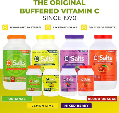 C-Salts Original Vitamin C Powder Supplement - 100% Pure High Dose Buffered Vitamin C Powder for Immune Support - Sugar-Free Powdered Drink Ascorbate, Organic, Stomach-Friendly, Lemon Lime 26oz