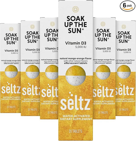 Seltz® Water-Activated Vitamins - Soak up The Sun with Vitamin D3 (5,000 IU) – Natural Mango Orange Flavor Dietary Supplement - 6 Packs x 20 Effervescent Tablets Each
