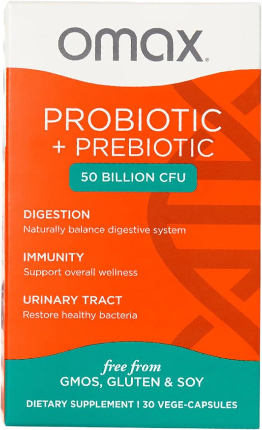 Omax Prebiotic & Probiotic 50 Billion CFU + Chicory Inulin, 10 Strains, Reduce Bloating, Digestion, SIBO, Leaky Gut, Vaginal pH, Acidophilus, Vegan, Dairy Free, Gluten Free, Blister Packaged