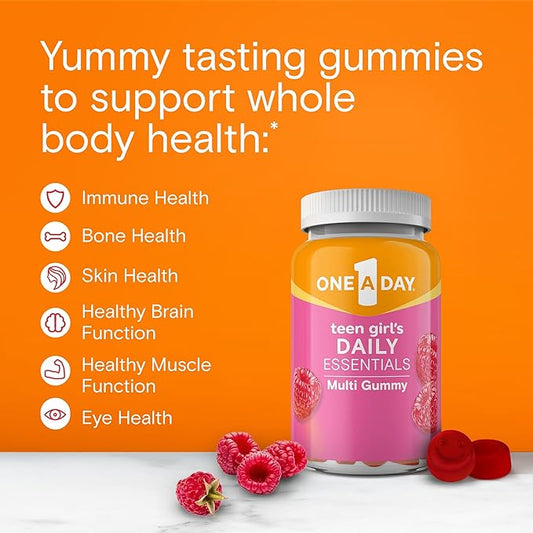 One A Day Teen Girl’s Daily Essentials Multivitamin Gummies, Teen Girl Multivitamins with Biotin, Vitamin B12 and B6, Vitamin C, Raspberry Natural Flavor, 120 Gummies