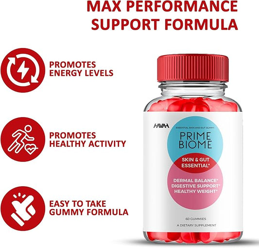 Prime Biome Gummies PrimeBiome Skin & Gut Support Gummy Formula, PrimeBiome Overall Health & Wellness Vitamin B12 B6 Folic Acid Support Supplement, Prime Biome Advanced Supplement Formula (60 Gummies)