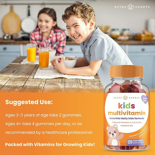 NutraChamps Kids Multivitamin Gummies | Multivitamin for Kids | 120 Gummy Vitamins for Kids | Sugar Free Kids Vitamins Gummy Multivitamin | Vegan & Non-GMO | Strawberry, Passionfruit, Peach & Cherry