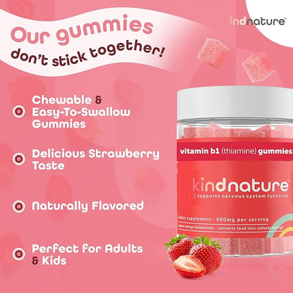kindnature Vitamin B1 Gummies 500mg – High Potency Thiamine Supplement for Energy, Focus & Nervous System – Vegan, Non-GMO Chewable B1 Vitamins for Adults & Kids – Natural Strawberry Flavor – 60 Ct