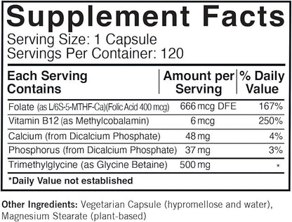 TMG (Trimethylglycine) 500 mg w/Folinic Acid & B12 Capsules - Hypo 120 capsules