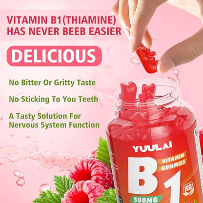 Pack of 2 Vitamin B1 Gummies 500mg for Adults & Kids, Thiamine B1 Supplement with Magnesium, Vitamin B1 Supplement for Nervous System Supports & Boost Energy, Raspberry Flavor, 120 Count