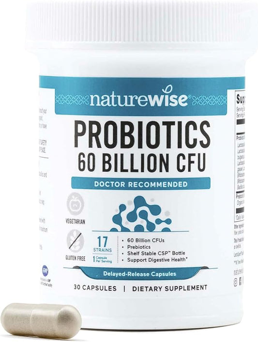 NatureWise Probiotics 60 Billion CFU - 17 Strains + Organic Prebiotics - Immune, Digestive & Gut Health Support for Women & Men - Vegetarian, Gluten-Free, Non-GMO - 30 Capsules[1-Month Supply]