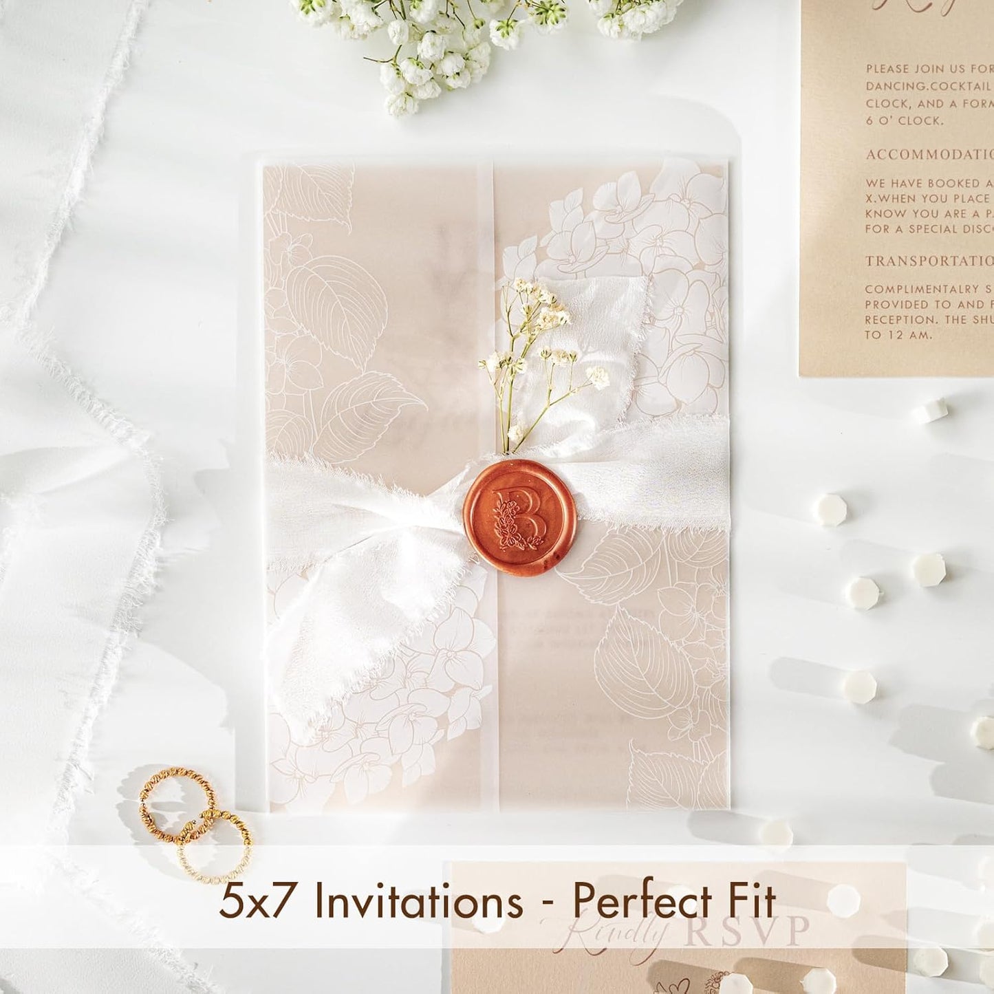 50 Pack Pre-Folded Vellum Jackets for 5x7 Invitations,AZAZA Elegant Translucent Invitation Sleeves,115GSM Vellum Jackets 5x7, Wedding Invitation Accessories, for Weddings Birthdays, Hydrangea Floral
