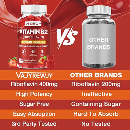 Vitamin B2 Riboflavin 400mg Gummies for Energy & Metabolism Support - Delicious Strawberries Flavor Vegan Gummies - Non-GMO, Gluten Free - 120 Count