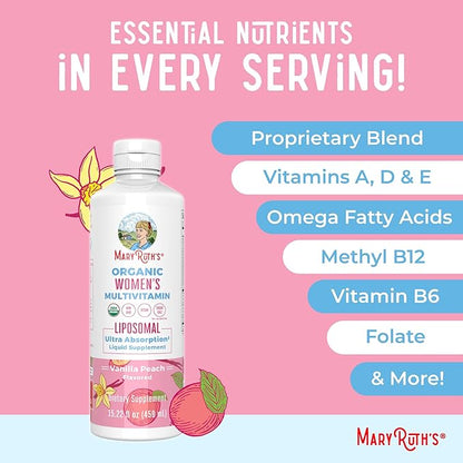MaryRuth Organics USDA Organic Multivitamin for Women, Sugar Free Womens Multivitamin, Liquid Vitamins for Women, Immune Support Supplement, Ashwagandha, Methylfolate, Vegan, Non-GMO, 15.22 Fl Oz