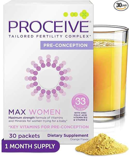 Proceive Tailored Fertility Supplement for Her, Max Women - Womens Pre-Conception Vitamins, Minerals & Amnio Acids for Pre Pregnancy Support - Folic Acid, Vitamin D & Zinc - 30 Sachets, Orange Flavor