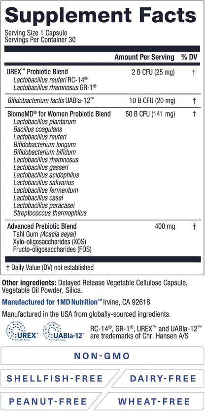 1MD Nutrition BiomeMD Probiotics for Women - 62 Billion CFUs, 16 Strains with Prebiotics | Supports Vaginal & Urinary Health - Doctor-Formulated | 30 Capsules (2-Pack)