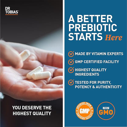 Dr. Tobias Prebiotics Digestive Support, Advanced Prebiotic Supplement for Gut Health, Immune Function & Boost for Probiotics for Women & Men, Vegan, Non-GMO, 60 Capsules, 60 Servings