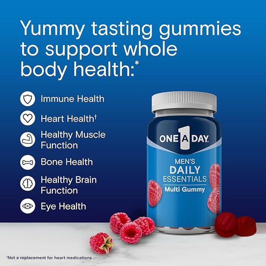 One A Day Men’s Daily Essentials Multivitamin Gummies, Multivitamin for Men, Bone Health, Zinc, Raspberry Natural Flavor, 120 Gummies
