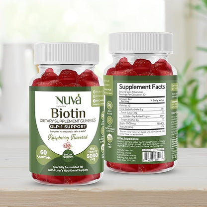 NuVa by Trulore Biotin Gummies 5000 mcg | GLP-1 Support for Hair Growth, Skin & Nails | Zero Sugar, Vegan Gummy Vitamins for Men & Women | Raspberry Flavor | 60 Gummies - 30 Day Supply
