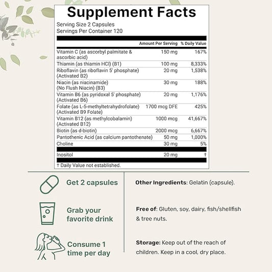 Micro Ingredients Pure Methylated B Complex, 240 Capsules | 11-in-1 Formula with B12, Thiamin, Folate, Inositol, Choline & Vitamin C | Supports Energy, Mood & Nerve Health | Filler Free, Non-GMO