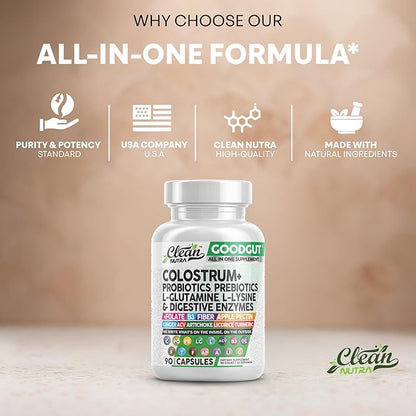 Clean Nutraceuticals Colostrum Supplement Capsules Probiotics Pills Prebiotics, L-Glutamine, Digestive Enzymes, Folate, Fiber, ACV, Turmeric, Apple Pectin and Turmeric Good Gut