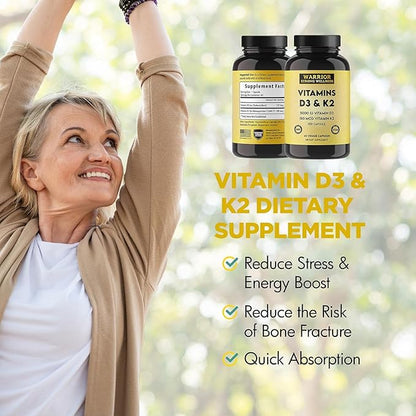 Vitamin D3 and K2 Supplement - 5000IU Vitamin D3 and 180MCG Vitamin K2 Supplement - Immune, Heart Health - 2 Month-Supply, 60 Veggie Capsules