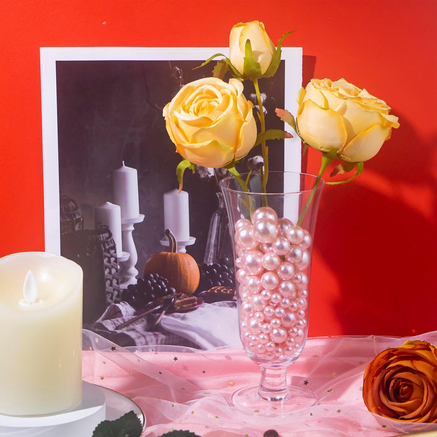 300Pcs Pink Polished No Hole Faux Pearl Beads for Vase Filling Decorations, Plastic Pearls Vase Fillers, Table Scatters, Wedding Centerpiece, Home Decor, 8/14/20 mm