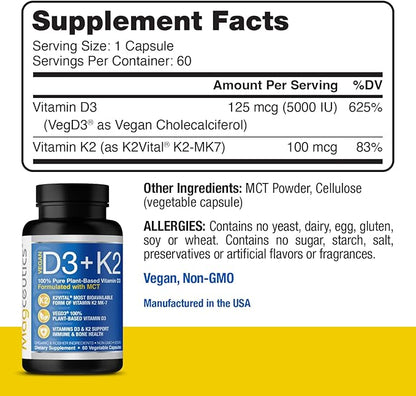 Vitamin D3 K2 with MCT, 5000 IU Vegan D3 & 100 mcg MK7 K2, Support Strong Bones and Immune Health - 60 Capsules (60 Days Supply)