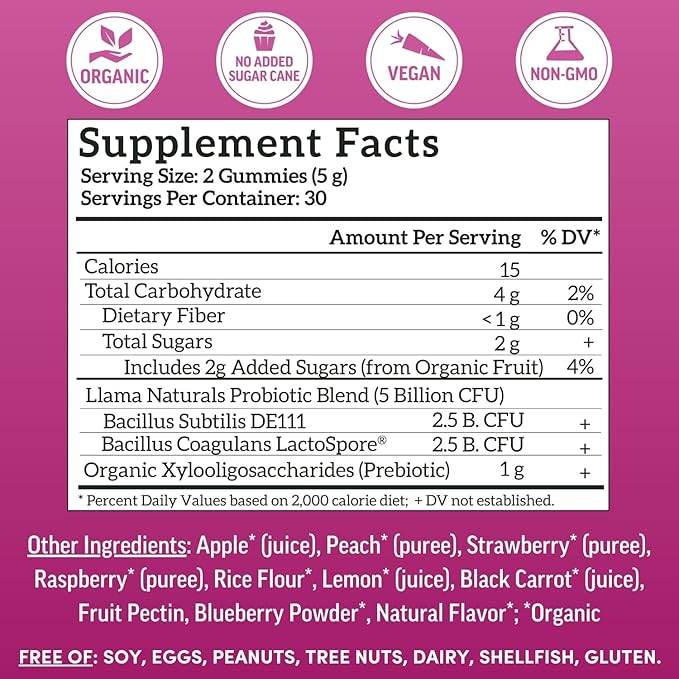 Llama Naturals Probiotics for Women and Men with Prebiotic Fiber, Vegan, Organic, Probiotic Gummies for Gut Health Support, Adults Real Fruit Gummy Vitamins, No Added Sugar Cane, Mixed Berry, 60 Ct