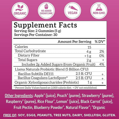 Llama Naturals Probiotics for Women and Men with Prebiotic Fiber, Vegan, Organic, Probiotic Gummies for Gut Health Support, Adults Real Fruit Gummy Vitamins, No Added Sugar Cane, Mixed Berry, 60 Ct