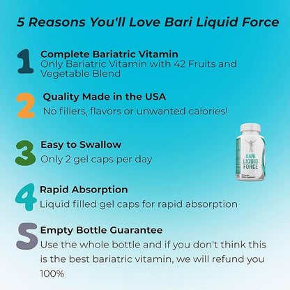 Bari Liquid Force One a Day Bariatric Multivitamin with Iron – Rapid Absorption Gel Caps for Gastric Sleeve, Bypass, Duodenal Switch – Superfood Blend - Bariatric Must Haves for Women & Men