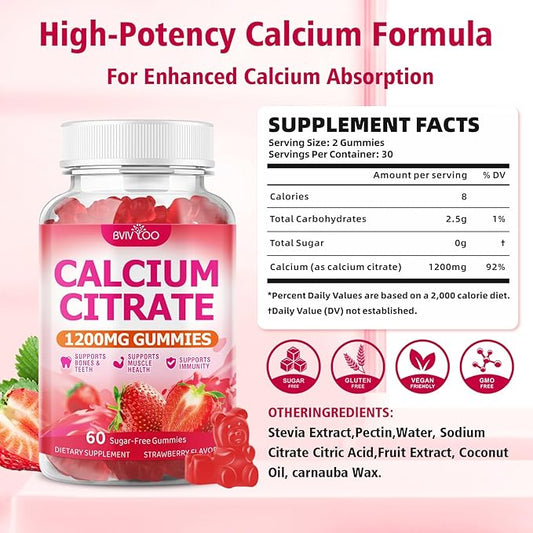 2 Packs High Absorption Calcium Citrate Gummies 1200mg - Bone & Teeth Support for Adults & Kids, Vegan Sugar-Free Gummies, Strawberry Flavor, 120 Count