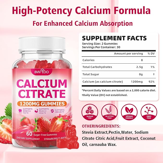 High Absorption Calcium Citrate Gummies 1200mg - Bone & Teeth Support for Adults & Kids, Vegan Sugar-Free Gummies, Strawberry Flavor, 60 Count