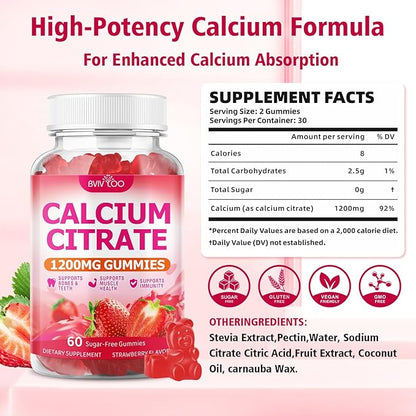 High Absorption Calcium Citrate Gummies 1200mg - Bone & Teeth Support for Adults & Kids, Vegan Sugar-Free Gummies, Strawberry Flavor, 60 Count