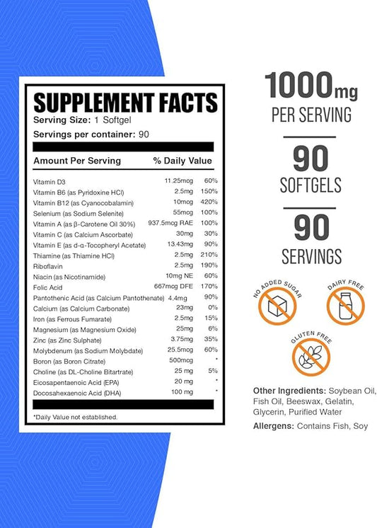 BulkSupplements.com Multivitamin for Women Softgels - Women's Multivitamin with Iron, Multimineral Supplement, with Fish Oil - Gluten Free, 1 Softgel per Serving, 90 Count (Pack of 1)