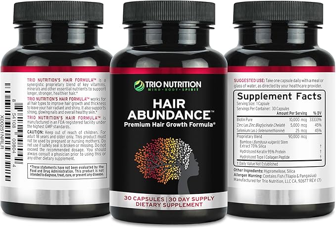 TRIO NUTRITION Hair Abundance | Natural Vitamin Supplement for Hair Growth, Strong Nails and Smooth Skin| Boosted with Collagen, Keratin, Zinc & Selenium | Biotin 10000mcg | 30 Day Supply