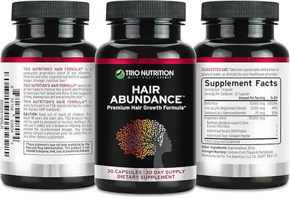 TRIO NUTRITION Hair Abundance | Natural Vitamin Supplement for Hair Growth, Strong Nails and Smooth Skin| Boosted with Collagen, Keratin, Zinc & Selenium | Biotin 10000mcg | 30 Day Supply