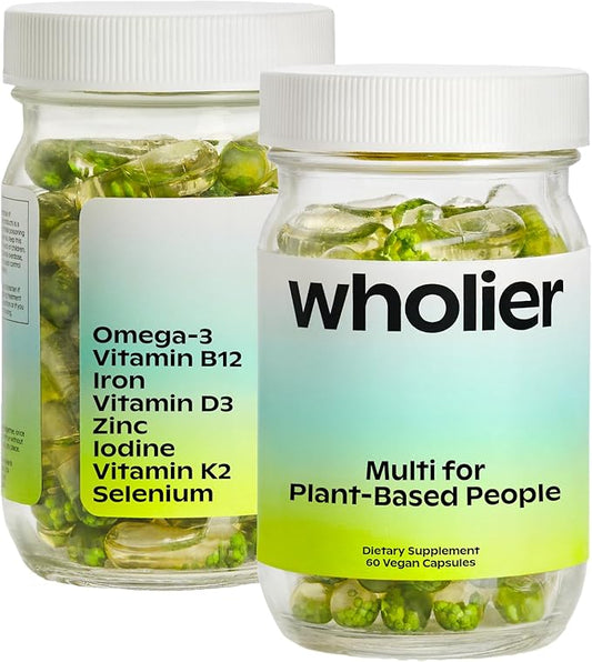 Wholier Plant Based Multivitamin Vegan Omega-3 DHA EPA, Vitamin D, Vitamin B12, Zinc, Vitamin K2, Iron, Iodine, Selenium. 60 Count (30-Day Supply) Glass Bottle