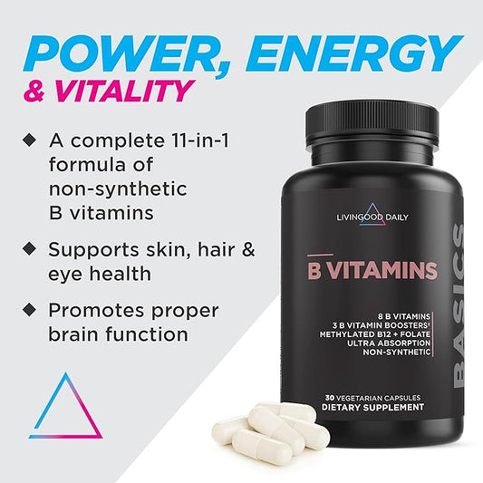 Livingood Daily Vitamin B Complex Capsules for Men and Women, Methylated B12 & Folate, 11 Active Forms Including B1 B2 B3 B5 B6 & Biotin, Gluten Free, Vegan B Vitamins for Hair Skin Nails, 30 Capsules