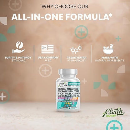 Clean Nutraceuticals Calcium Magnesium Zinc Supplement with Potassium, Copper, Strontium, Silica, Vitamin D3 K2, Boron, Vitamin B1 B12 Red Clover Herb Alfalfa Basil Pills for Men & Women Osteo Defend