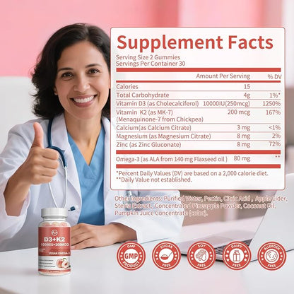 Vitamin D3 K2 Gummies, Vitamin D3 10000IU, K2 (MK-7) 200mcg, 6-in-1 Vitamina D3 Con K2 Supplement with Omega-3, Magnesium, Calcium and Zinc for Bones, Teeth & Immune Support, Sugar Free, 2 Packs