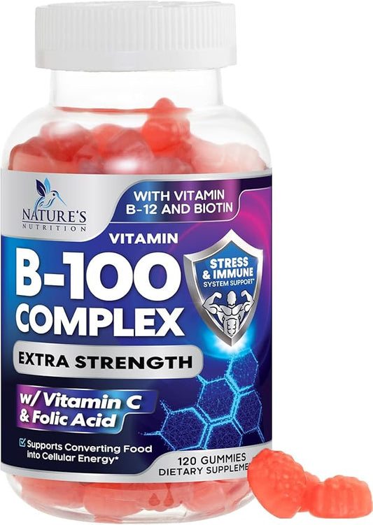 B Complex Gummies with Vitamin C & Folic Acid, Extra Strength Super Vitamin B Gummies Supplement with Niacin, B6, Folic Acid, B12, Biotin, Nature's Energy Immune Support Supplements - 120 Gummies