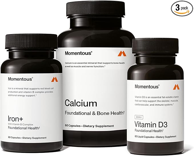 Momentous The Women's Three Bundle - Iron+, Calcium, & Vitamin D3 (2000 IU) - 3 Critical Nutrients for All Women in 1 Daily Supplement System - NSF Certified for Sport - Gluten Free - 60 Servings